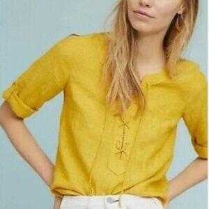 Maeve by Anthropologie Marve Lace Up Popover Tunic Linen Yellow Blouse Size 8